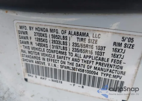 2005 Honda Odyssey Ex-L из США, поврежденный, VIN 5FNRL38745B100094